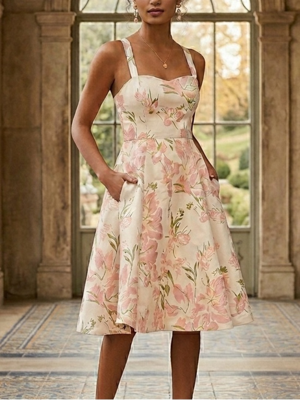 GIANNI BINI Fit & Flare Midi Dress Floral Print Sleeveless Sweetheart Size 8